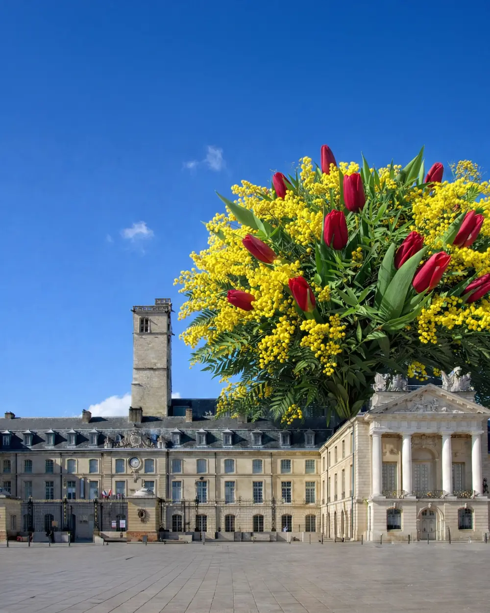 Bouquet de mimosas et tulipes devant le palais des ducs de Dijon