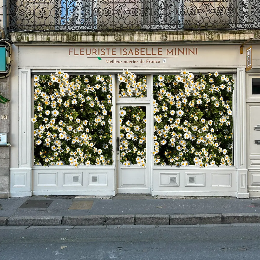 Vitrine de la boutique habillée de marguerites