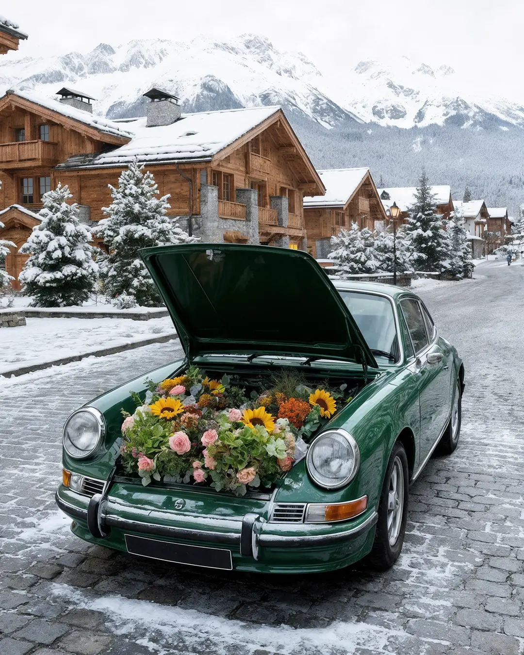 Voiture ancienne au capot rempli de fleurs dans la neige