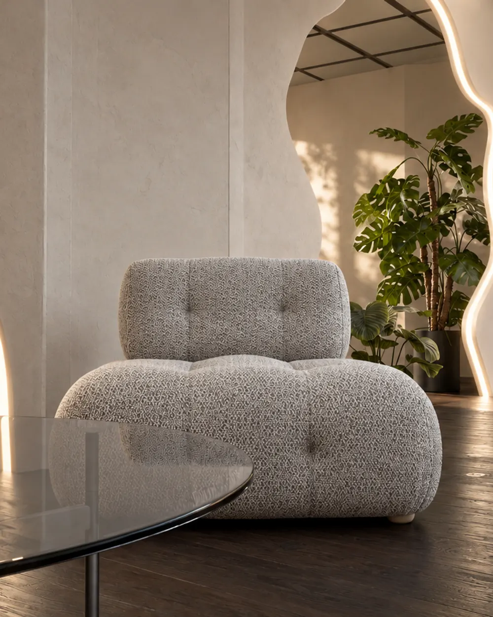 Rendu 3D du futur concept store Emblem : fauteuil et miroirs ondulés