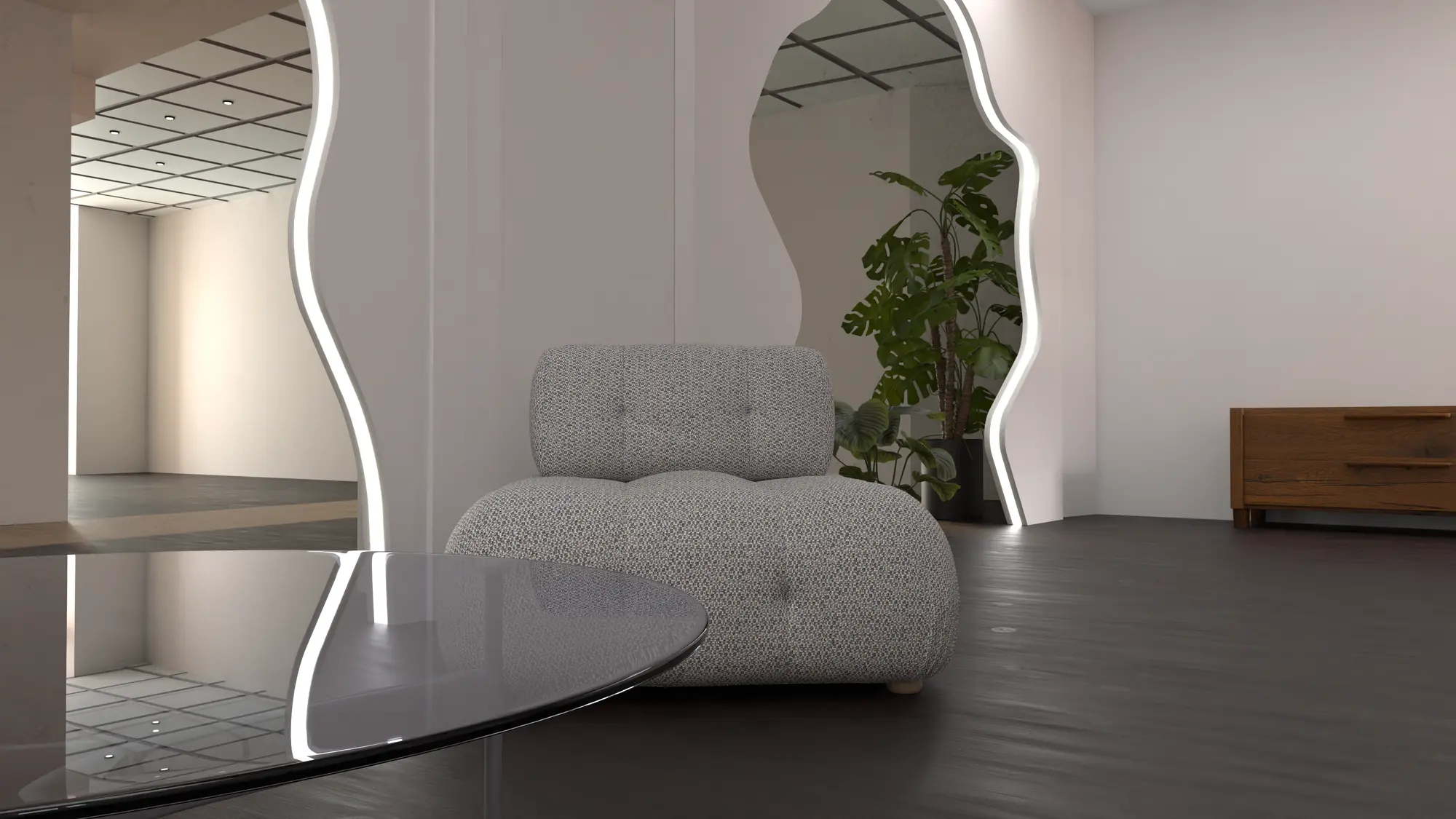 Rendu 3D du futur concept store : fauteuil et miroirs ondulés