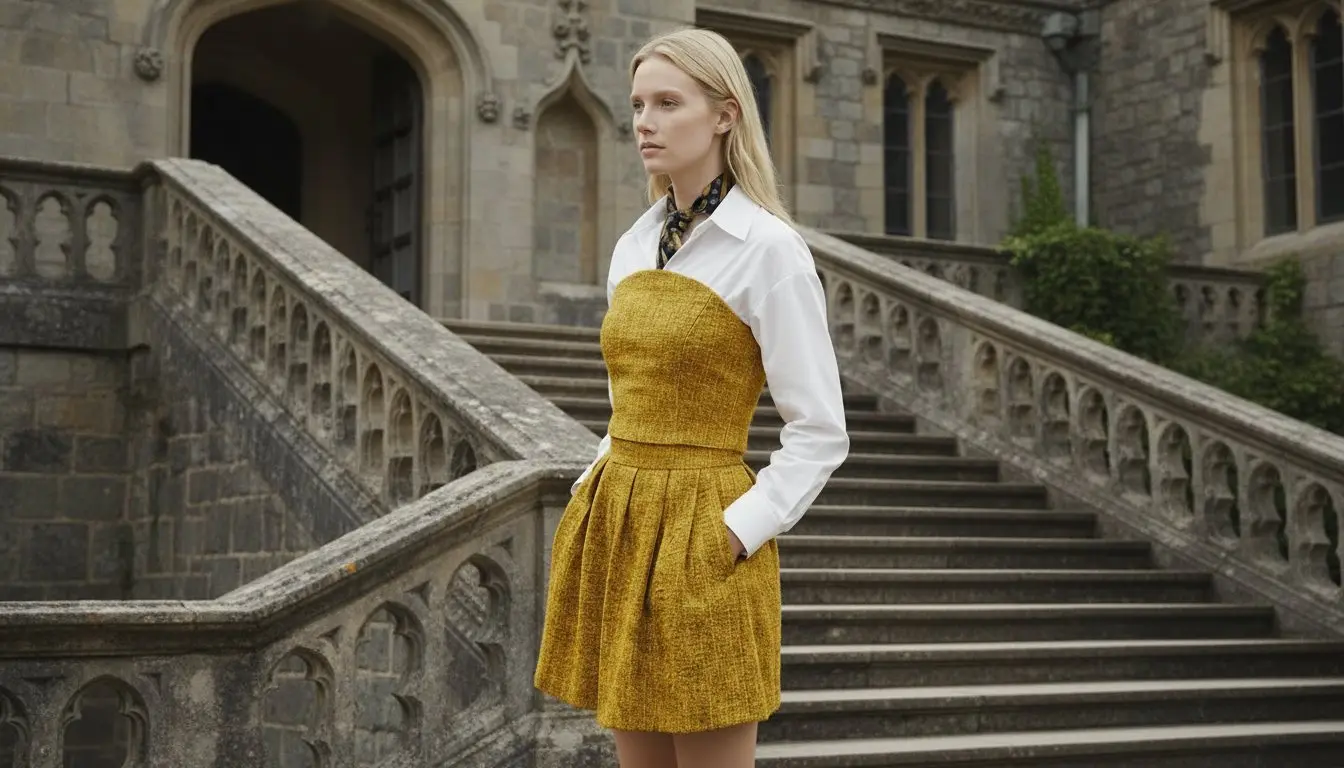 Robe dorée sur les marches d’un château