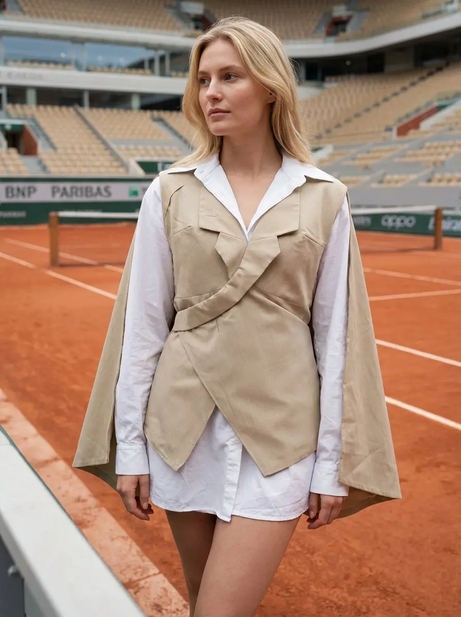 Gilet croisé beige sur un court de terre battue