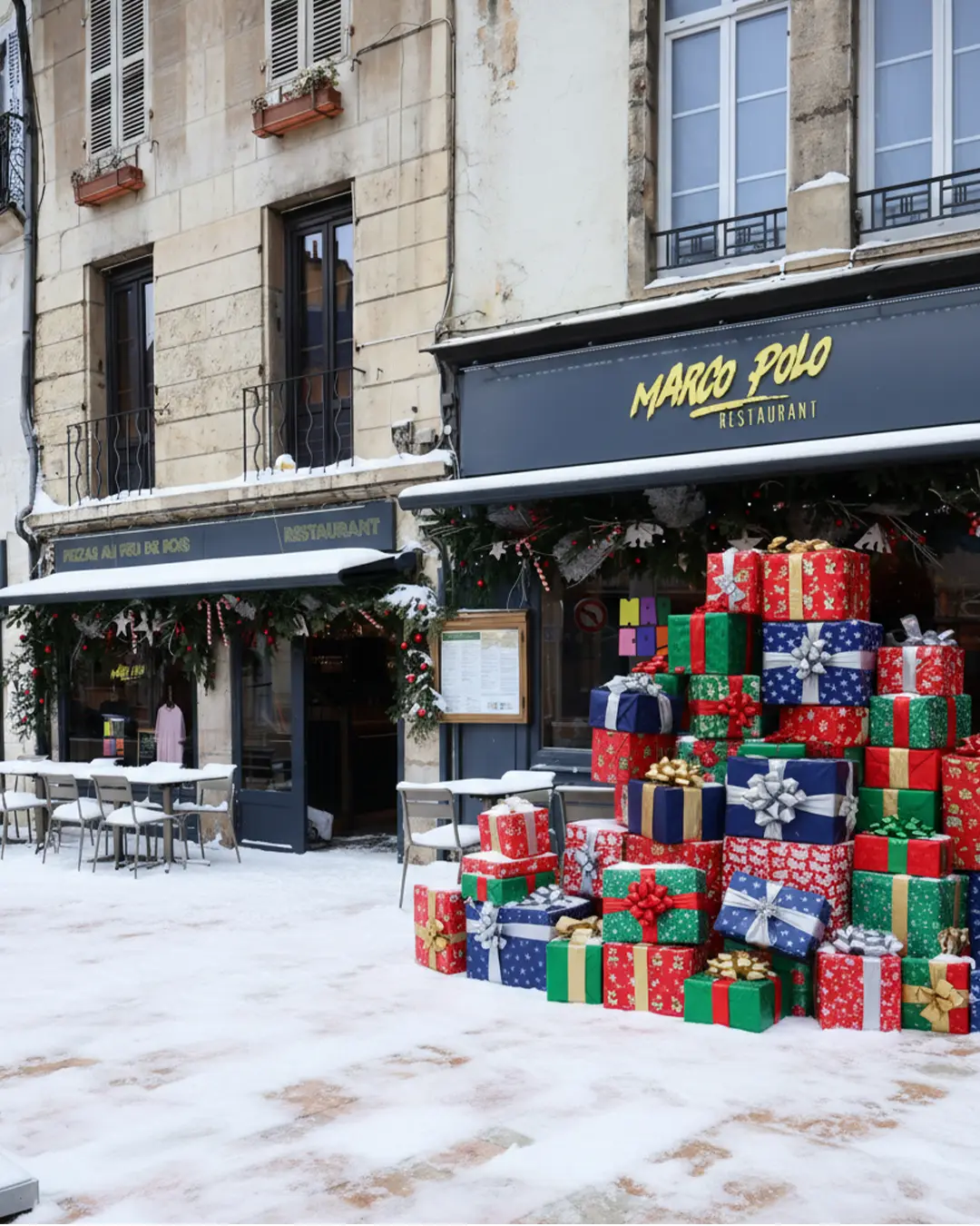 Façade du restaurant Marco Polo décorée pour Noël