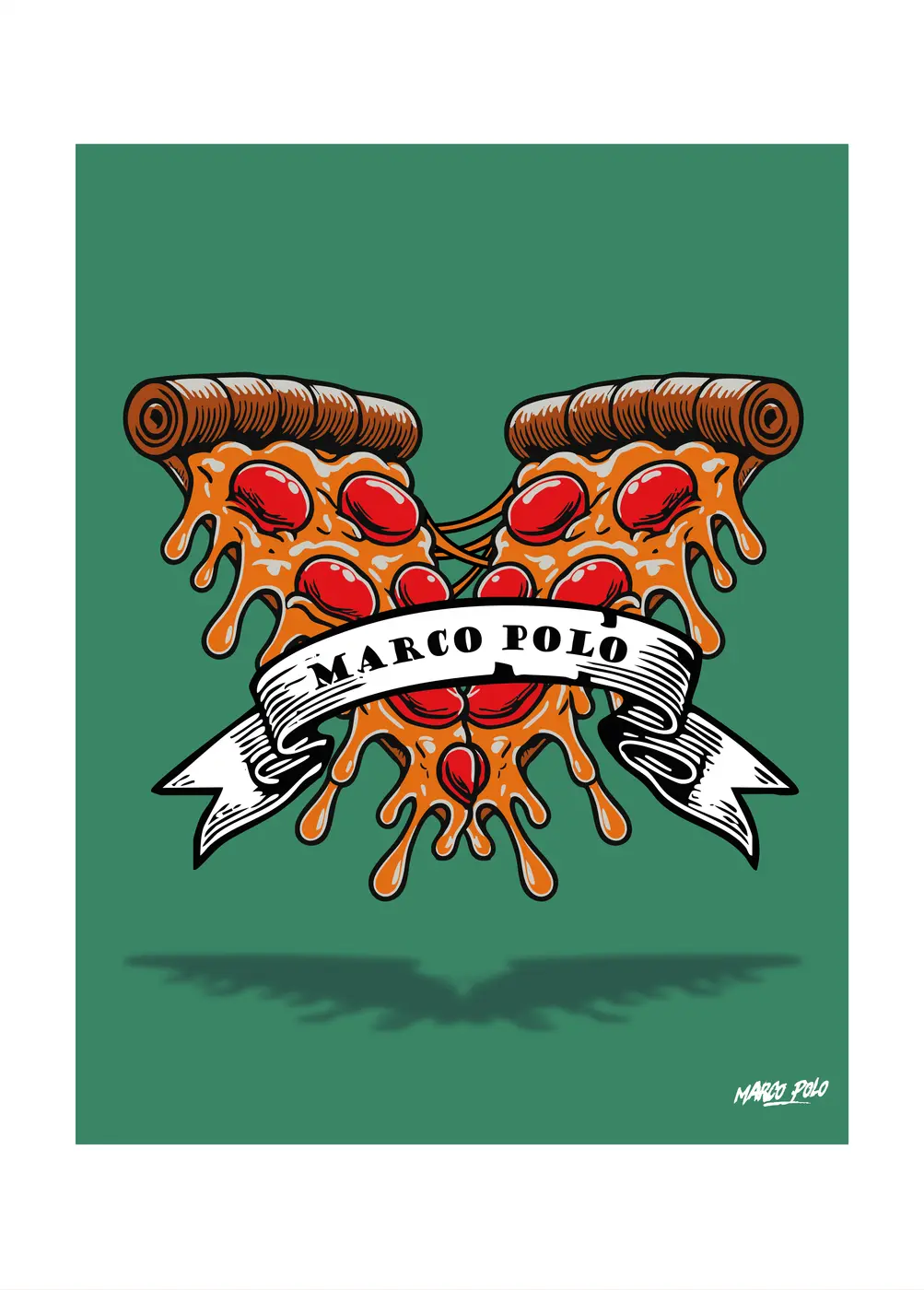Affiche Marco Polo : cœur de pizza et banderole