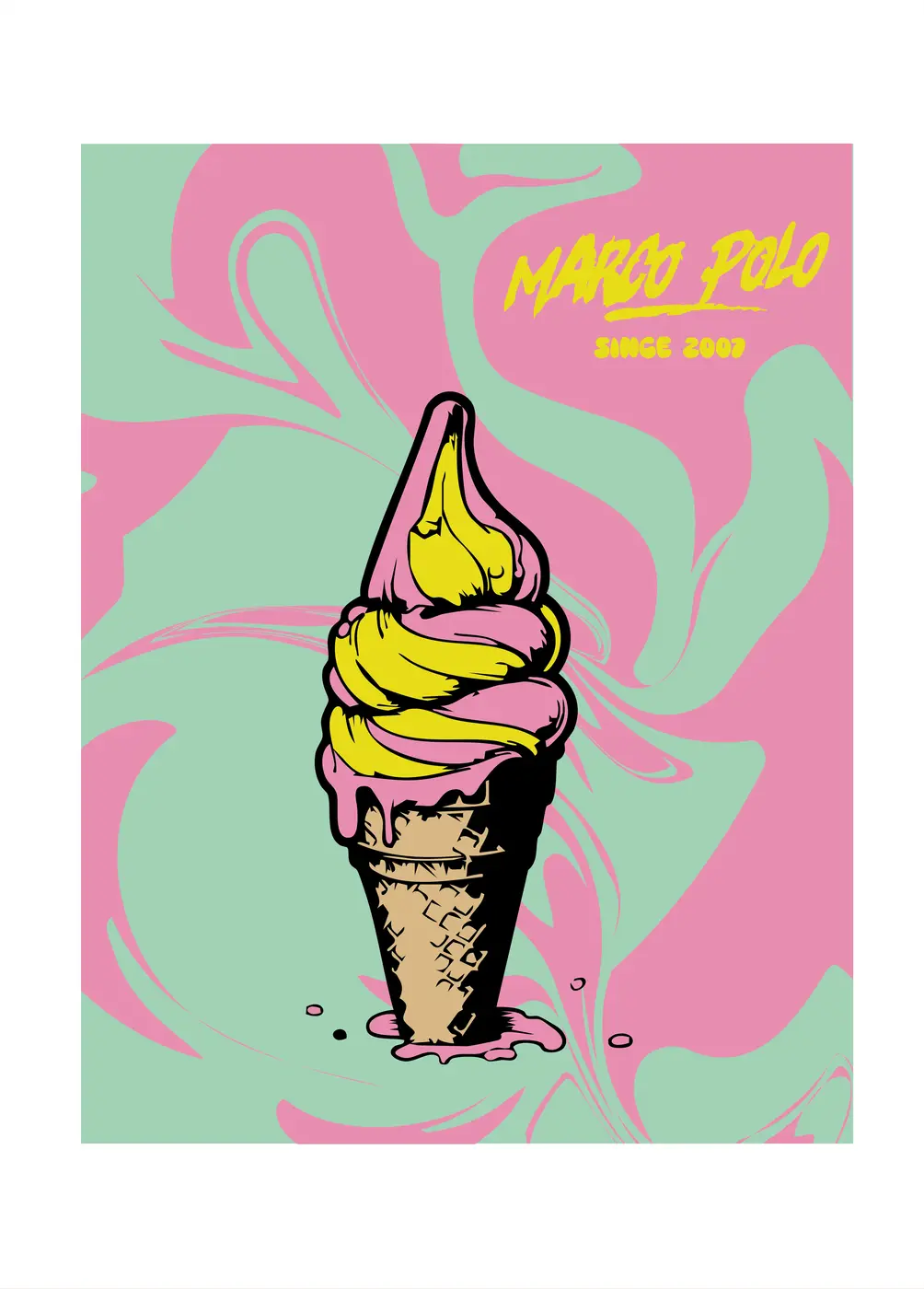 Affiche Marco Polo : cornet de glace sur fond rose et vert