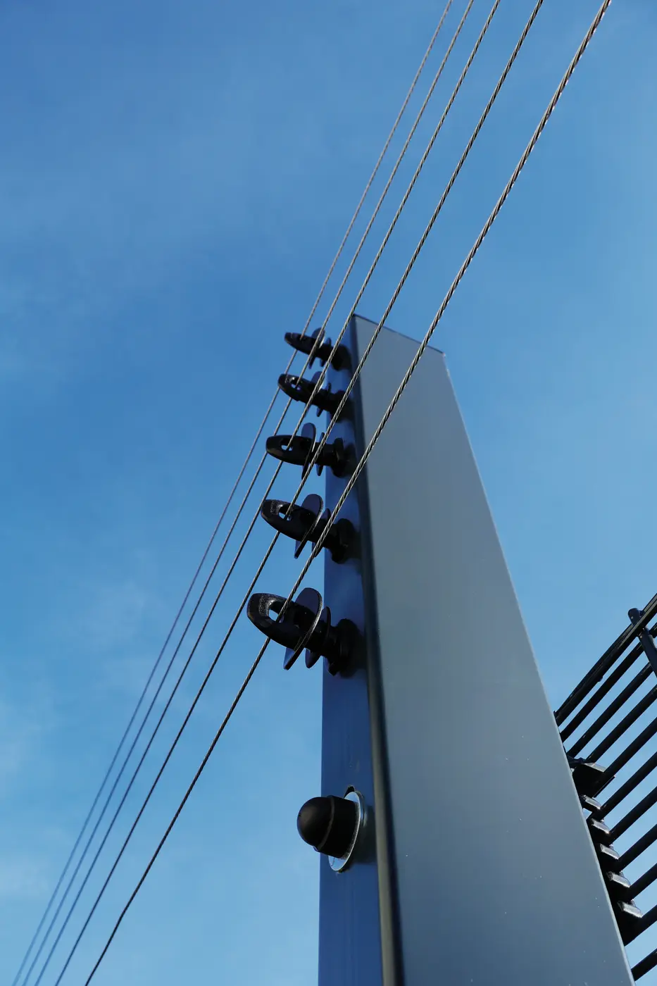 Isolateurs d’une clôture électrifiée sur ciel bleu