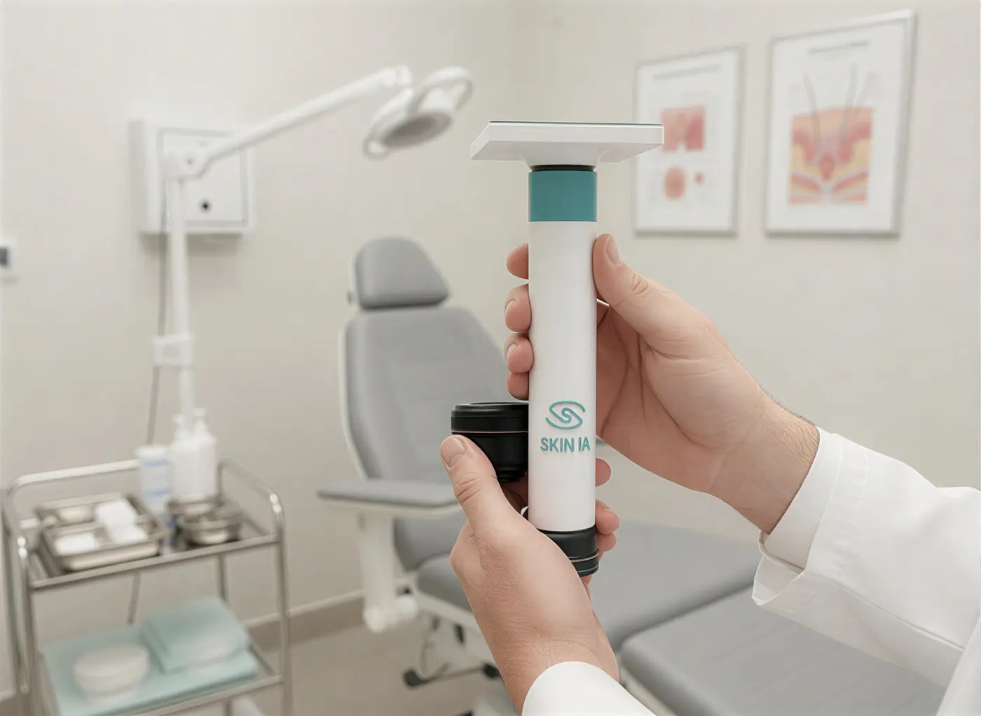 Dispositif SKIN IA tenu en main dans un cabinet médical