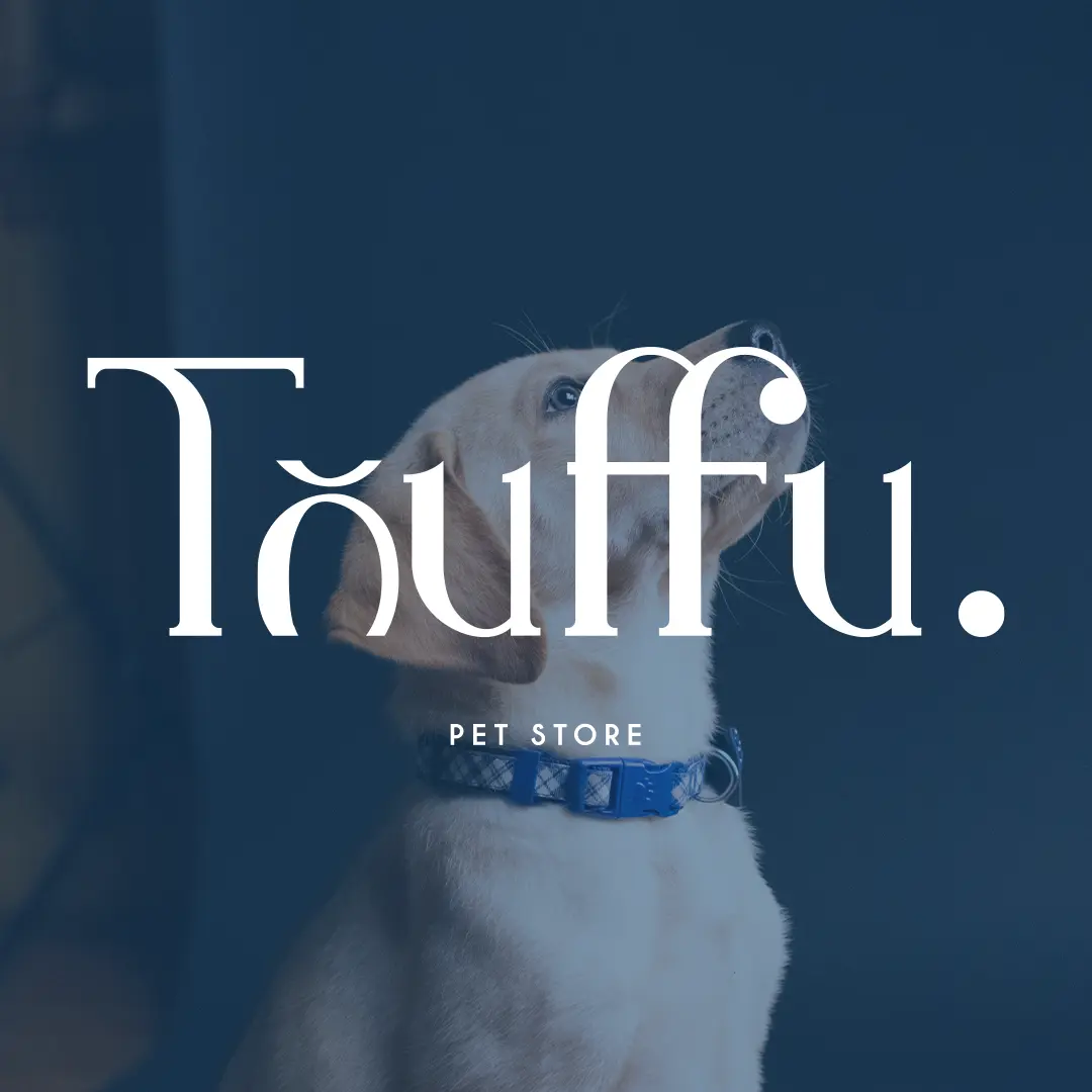 Logo Touffu Pet Store sur une photo de chiot teintée de bleu