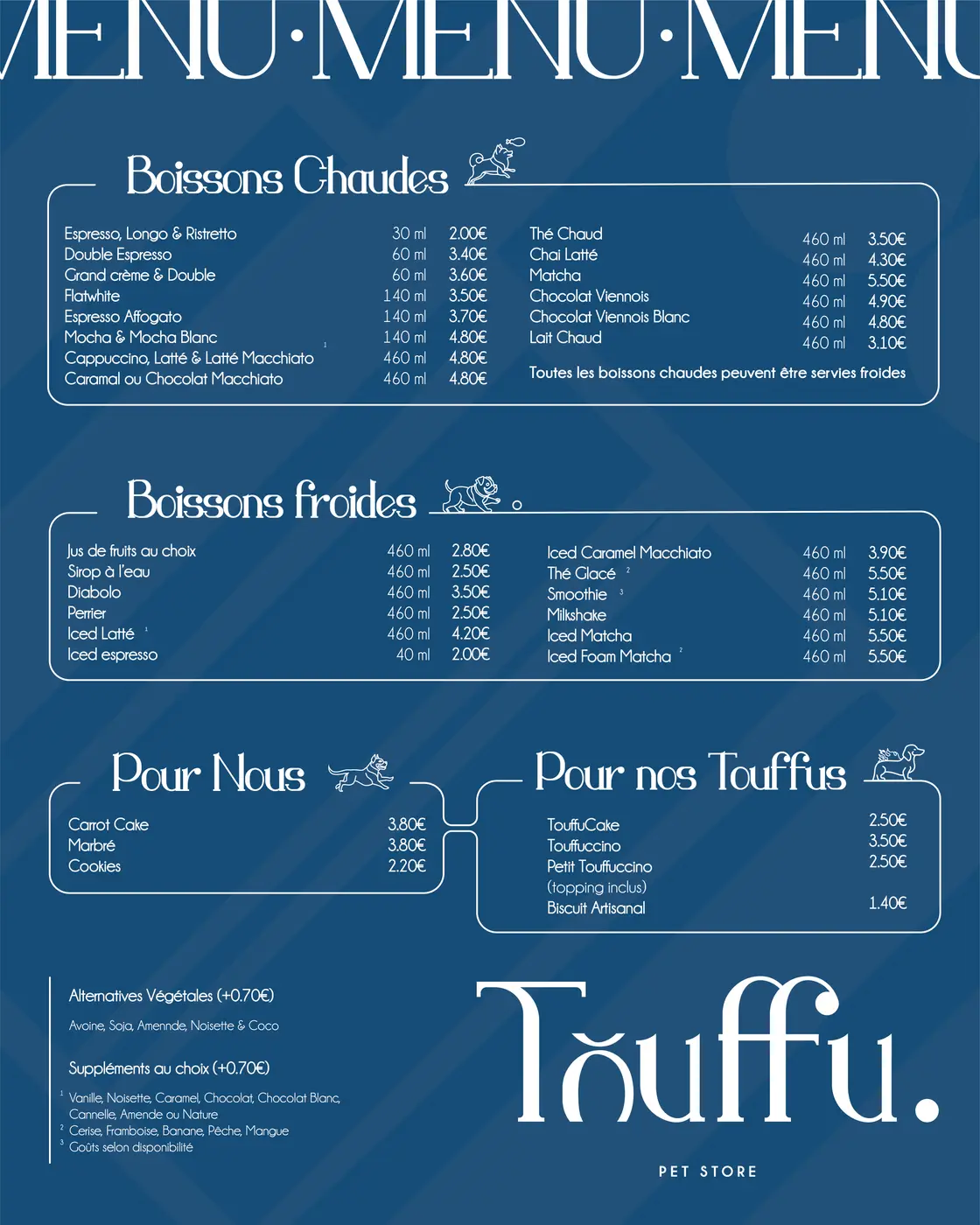 Menu de l’espace café Touffu, boissons chaudes et froides